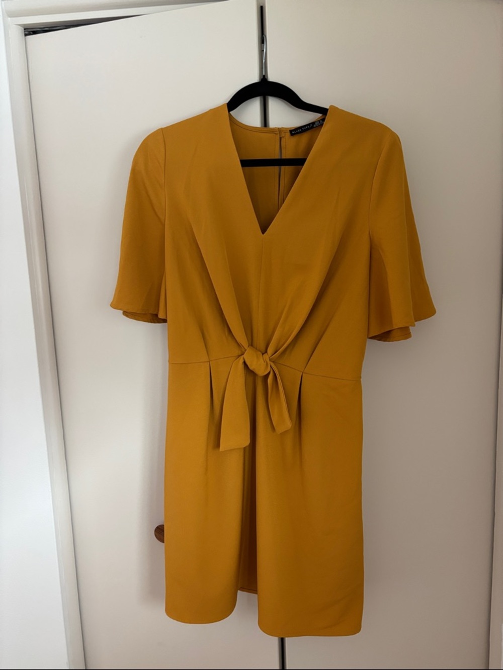 Black Tape_ Mustard V-Neck Tie-Front Mini Dress